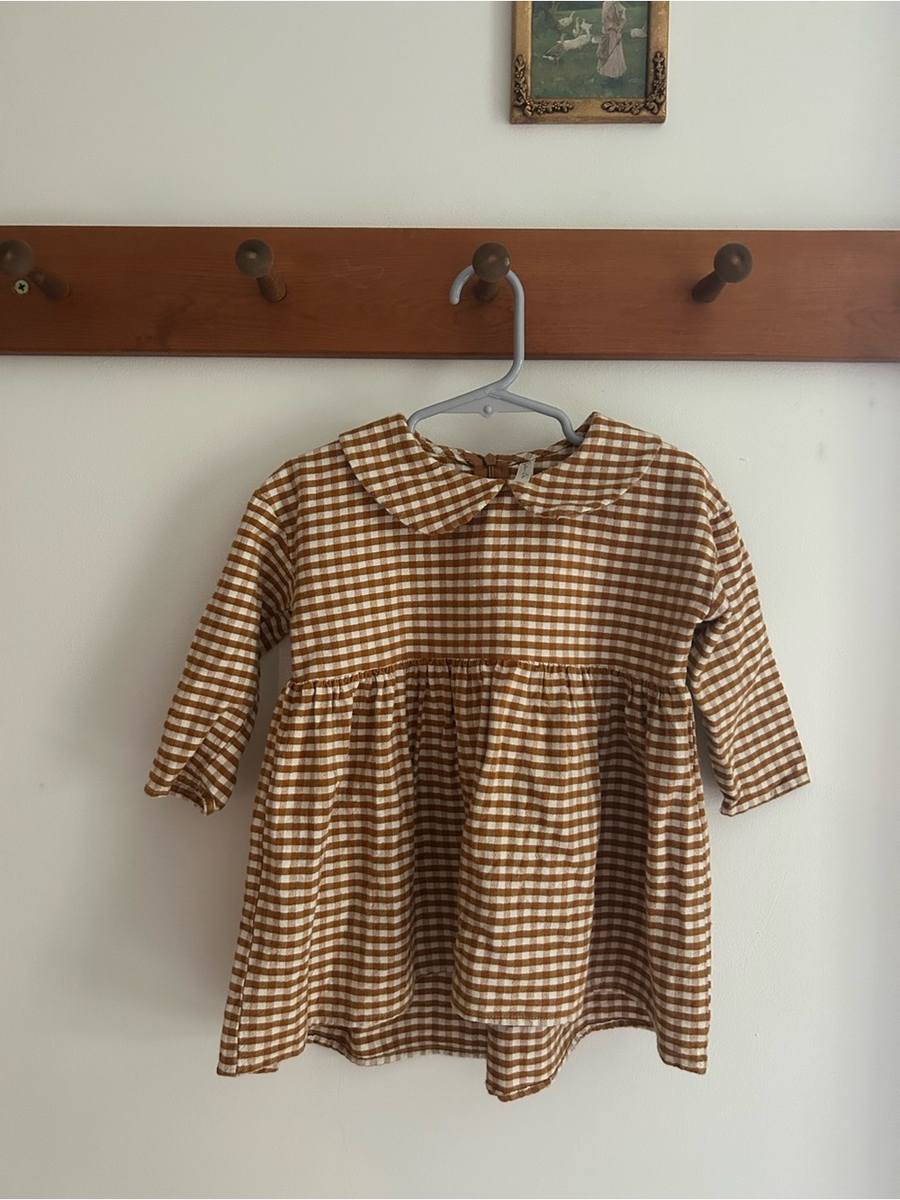 Gingham Long-Sleeve Kids Dress in Brown